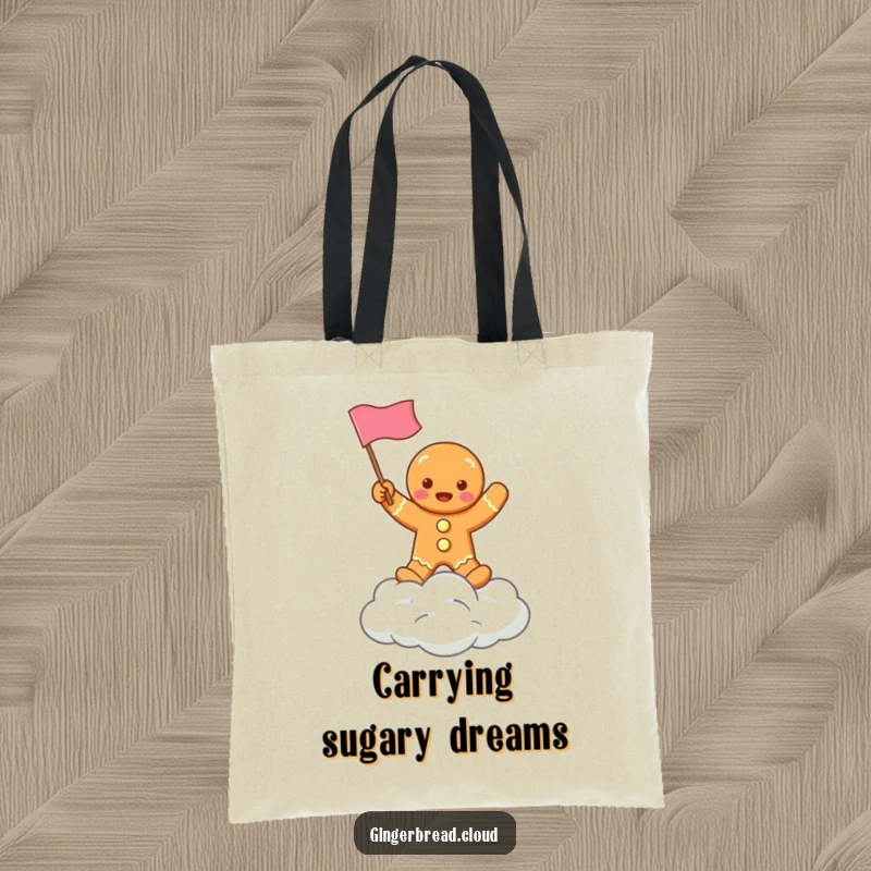 Funny tote bag featuring a gingerbread character waving a little flag from a cloud, ideal for shopping and spreading cheer.