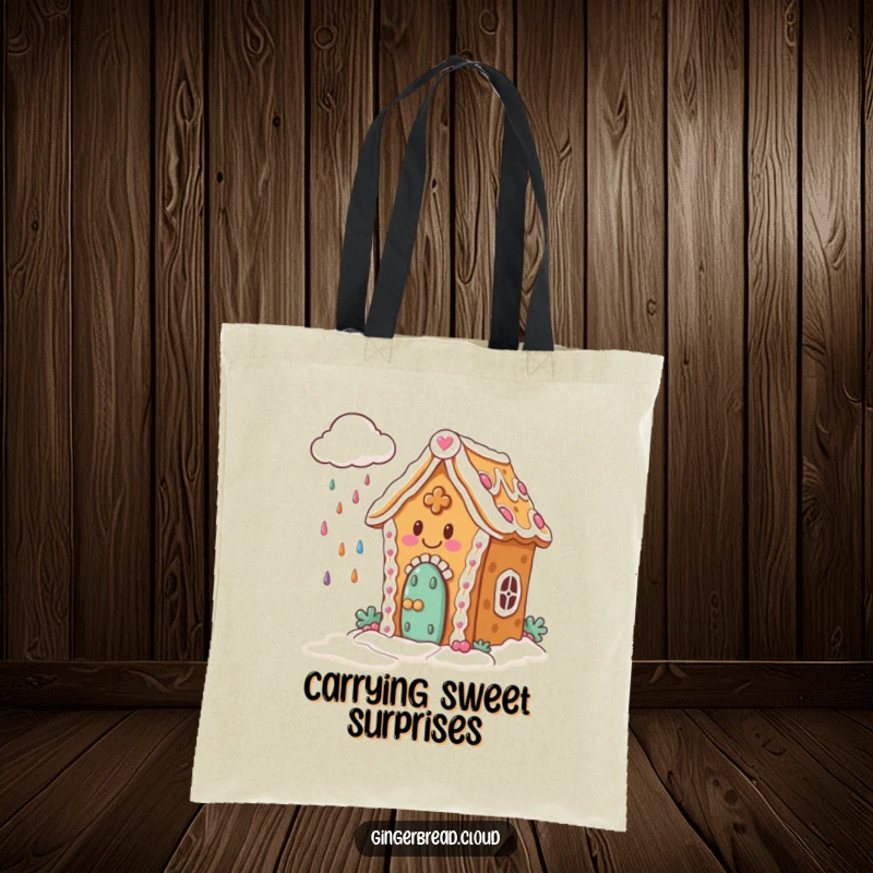 Funny Tote Bag: Sturdy bag featuring a happy gingerbread house with icing, watching a cloud rain colorful candies.