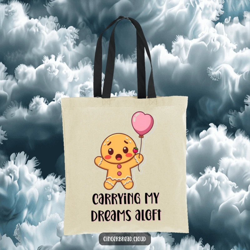 Funny surprised gingerbread cookie character with currants floating upwards on a balloon, whimsical tote bag, practical and cheerful design.