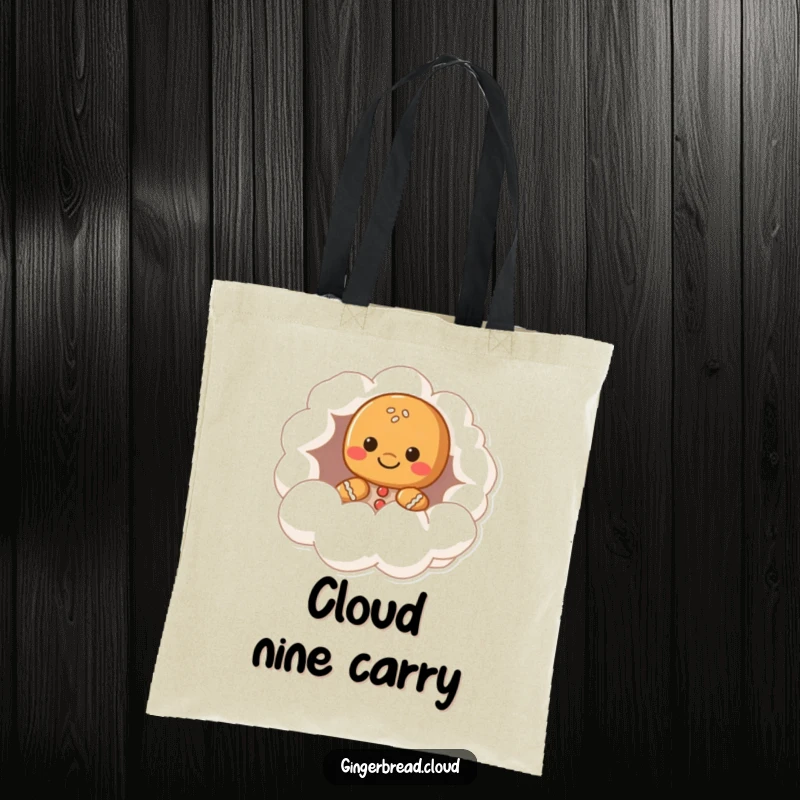 Funny gingerbread character tote bag, peeking from a cloud hollow, whimsical and practical accessory, perfect funny gift for dreamers.