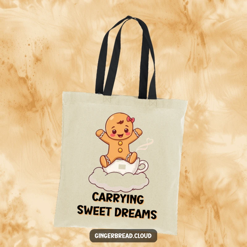 Funny tote bag illustration of a gingerbread boy jumping over a coffee cup cloud, a whimsical holiday and coffee theme.
