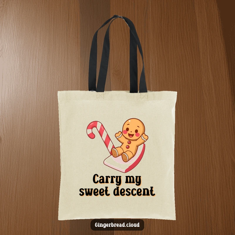 Funny tote bag featuring a gingerbread cookie embarking on a fun slide down a candy cane, a playful accessory.