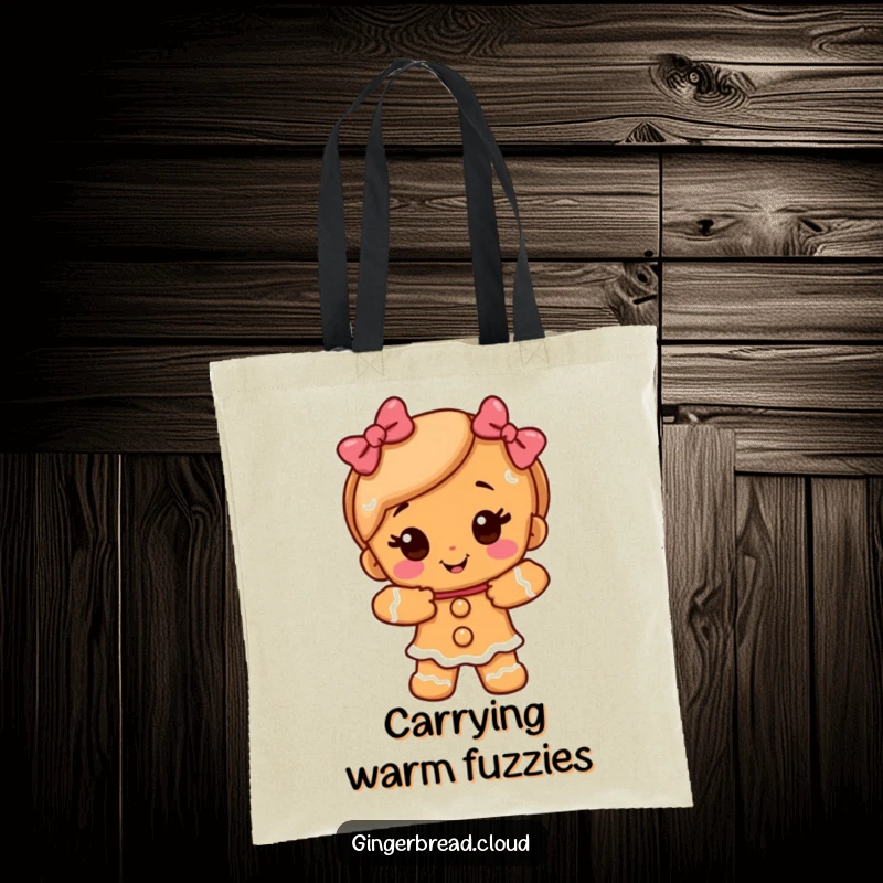 Funny gingerbread girl character giving a warm, sugary hug on a durable tote bag, perfect for everyday use.
