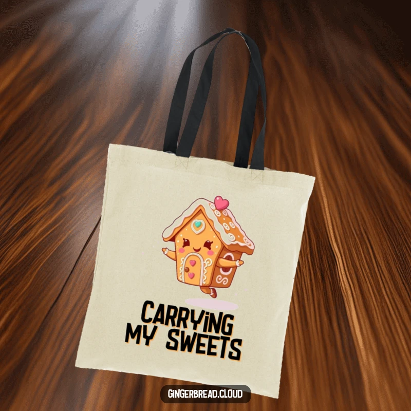 Funny tote bag with a gingerbread house character dancing in a sky filled with colorful icing swirls, perfect for carrying goodies.