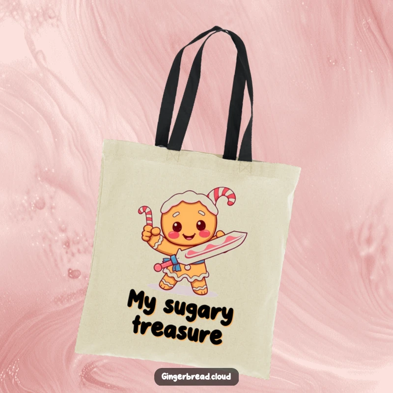 Funny tote bag featuring a gingerbread knight holding a candy cane sword, exuding playful courage.