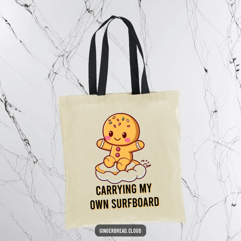 Funny Tote Bag: Sturdy bag featuring a cute gingerbread cookie with sprinkles surfing skillfully on a cloud.