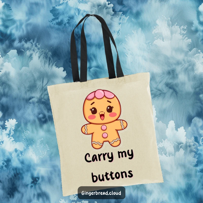 Funny tote bag featuring a gingerbread character with frosting buttons, looking pleasantly surprised and delighted.