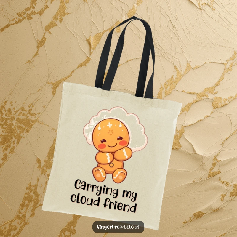 Funny tote bag with a cute gingerbread man hugging a smiling cloud, perfect for carrying essentials with a loving touch.