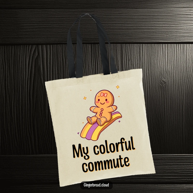 Funny tote bag with a gingerbread character joyfully sliding down a colorful rainbow, perfect for carrying items with flair.