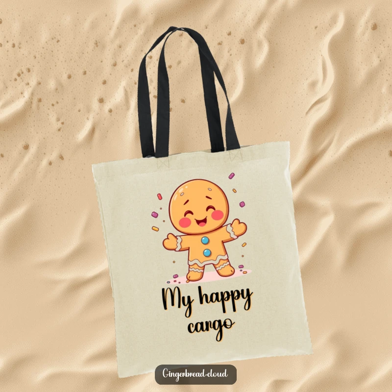 Funny tote bag showing a gingerbread man joyfully juggling a shower of candy sprinkles, a sweet accessory.