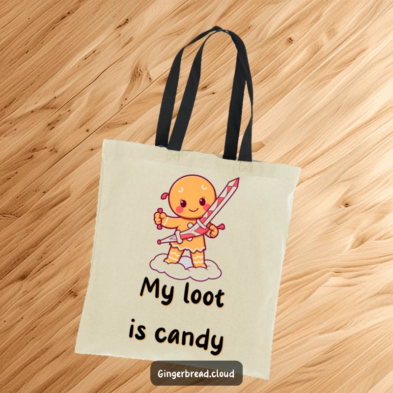 Funny tote bag depicting a determined gingerbread person with a candy cane sword, standing on a cloud.
