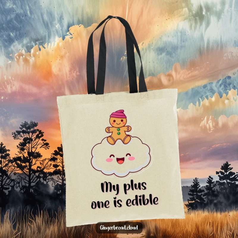 Funny tote bag illustrating a happy cloud character floating in the sky with a gingerbread man perched securely on top.