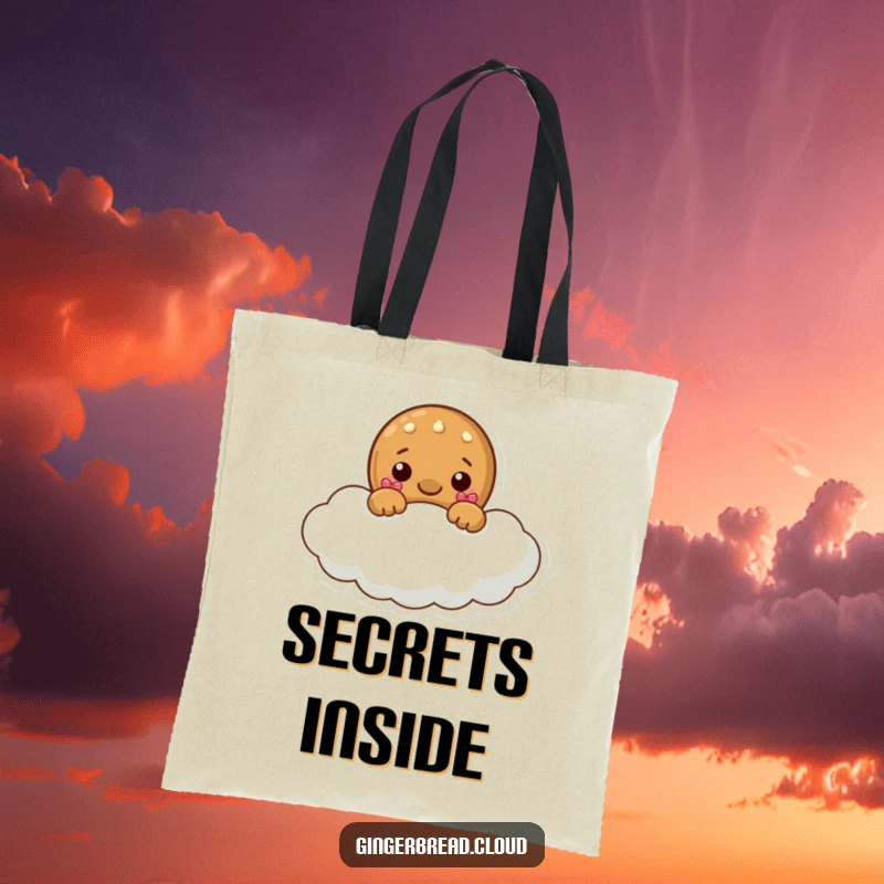 Funny tote bag with a gingerbread character peeking playfully from a soft cloud, perfect for carrying treats and treasures.