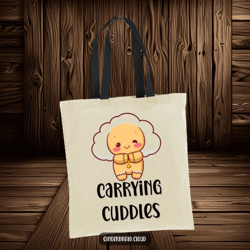 Funny tote bag: A gingerbread cloud character gives a warm hug, a humorous and practical accessory.